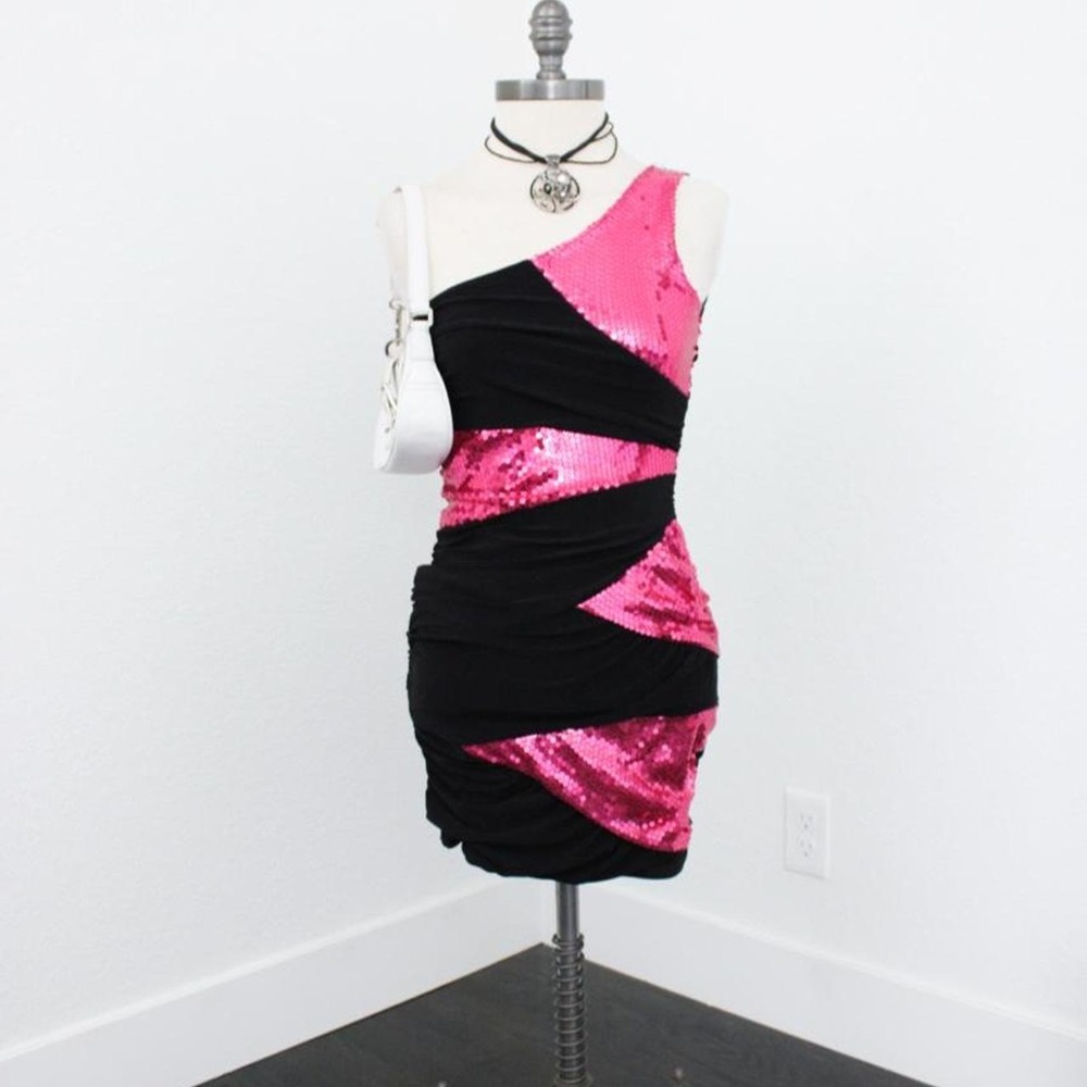 Y2k Deb pink and black party clubbing bodycon dress with pink sequins